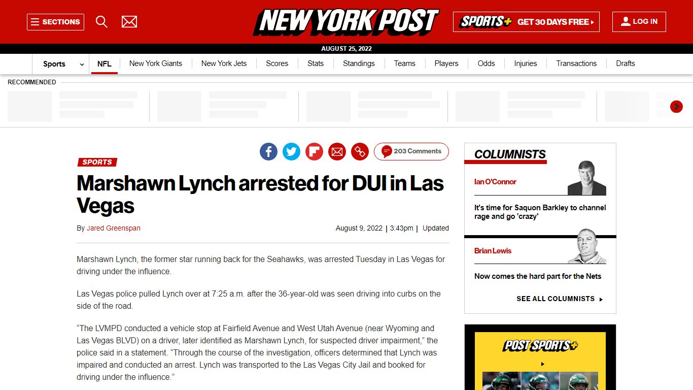 Marshawn Lynch arrested for DUI in Las Vegas - nypost.com